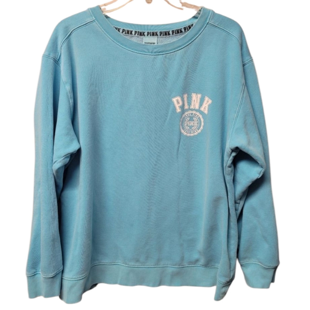 Large Victoria's Secret PINK Campus Crewneck Sweatshirt in aqua blue.